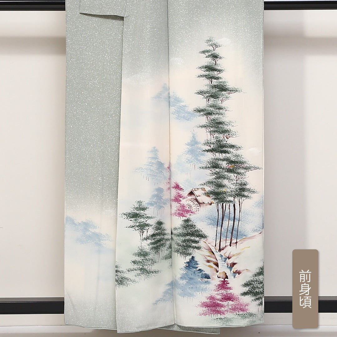 訪問着 袷 身丈155cm 裄丈65cm 正絹 Bランク セミフォーマル 広衿 Mサイズ 風景柄 緑系 HP 1217-04424