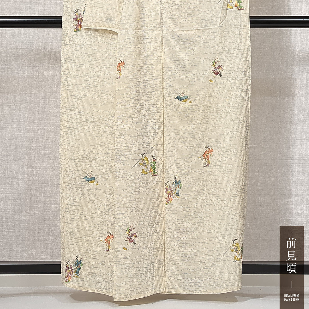 小紋 夏物 絽 身丈156cm 裄丈64cm 正絹 Cランク Mサイズ 広衿 インフォーマル 人物 ベージュ系 1215-14937
