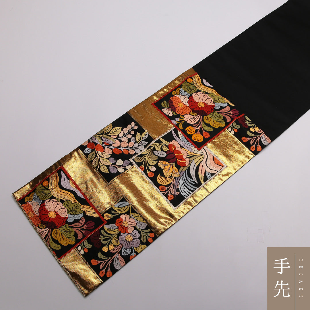 袋帯 帯丈432cm 全通 フォーマル Sランク 正絹 花柄 花絵札 菖蒲 古典的 華やか 金系 1223-01431