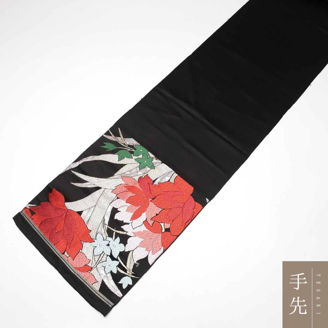 振袖用 袋帯 帯丈394cm 正絹 六通 芙蓉 金系 黒系 1243-01220