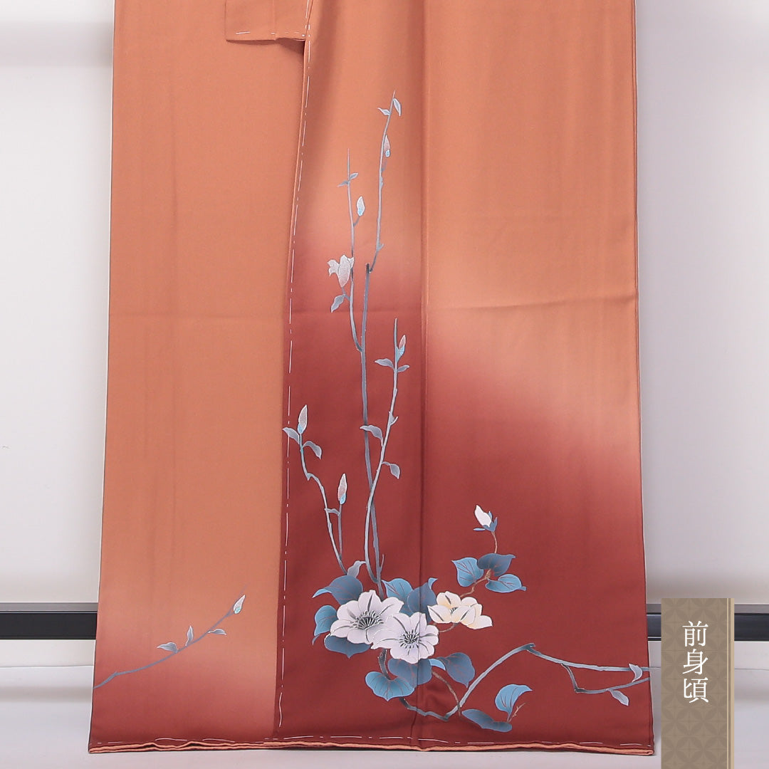 訪問着 袷 身丈170cm 裄丈67cm 正絹 Sランク セミフォーマル 広衿 2XLサイズ ぼかし染 金彩 芙蓉 茶系 RP 1217-04600