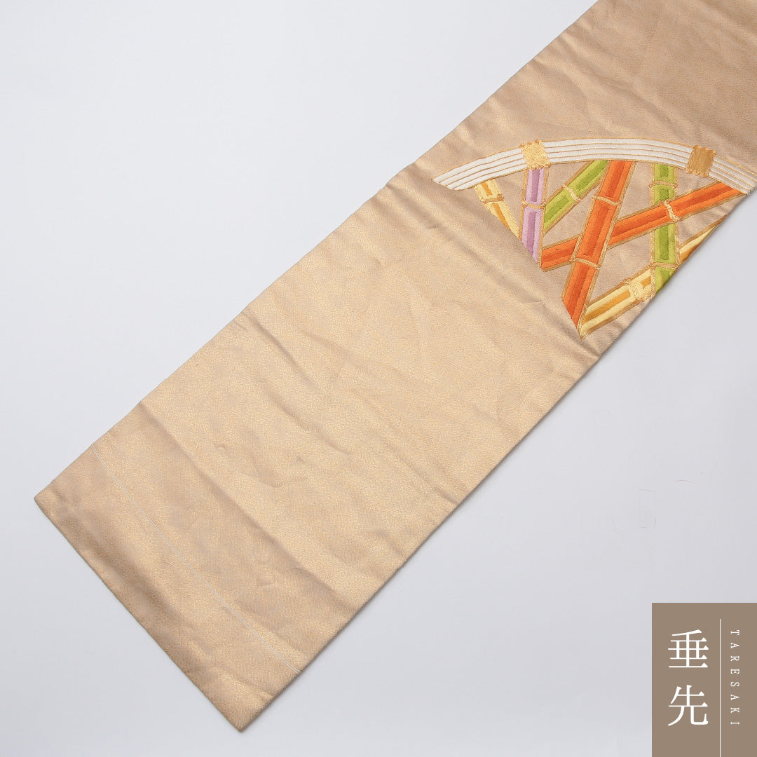 九寸名古屋帯 帯丈354cm 正絹 ポイント柄 名古屋仕立て 織り セミフォーマル 金箔 竹 ベージュ系・金系 RP 1245-02036