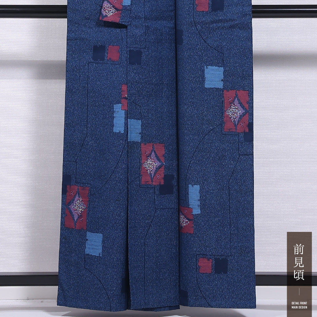 洗える着物 ウールの紬 単衣 身丈158cm 裄丈64cm ウール Cランク カジュアル バチ衿 Mサイズ 居敷当て 肩当て 創作柄 青系 HP 1223-11785