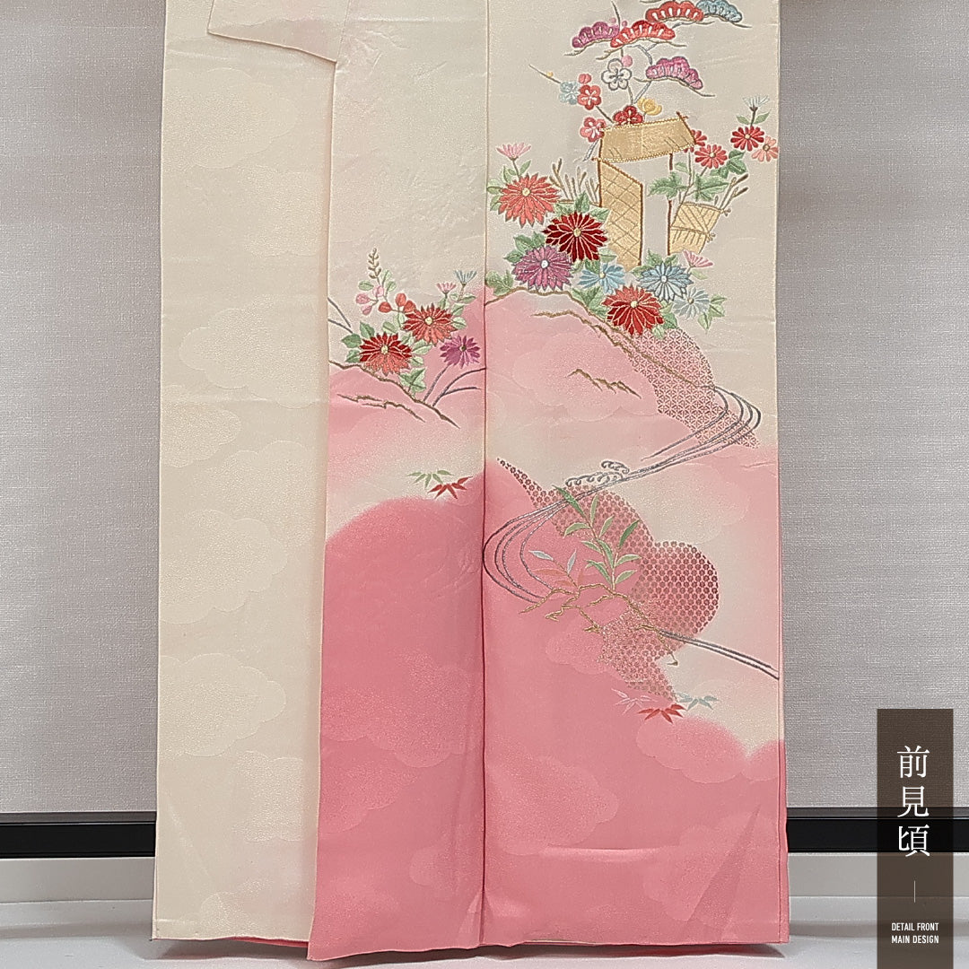 訪問着 袷 身丈161cm 裄丈63cm 正絹 Cランク セミフォーマル 広衿 Lサイズ 金駒刺繍 牡丹 松 クリーム系 LP 1217-14580