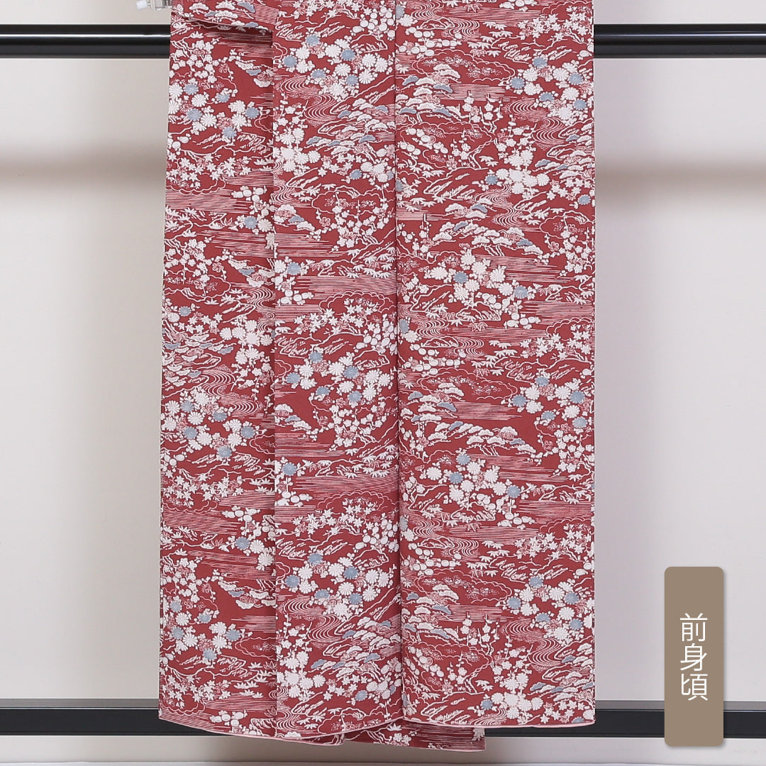小紋 袷 身丈153cm 裄丈64cm 正絹 Aランク インフォーマル 広衿 Sサイズ 流水 菊 笠松 赤系 RP 1221-01748