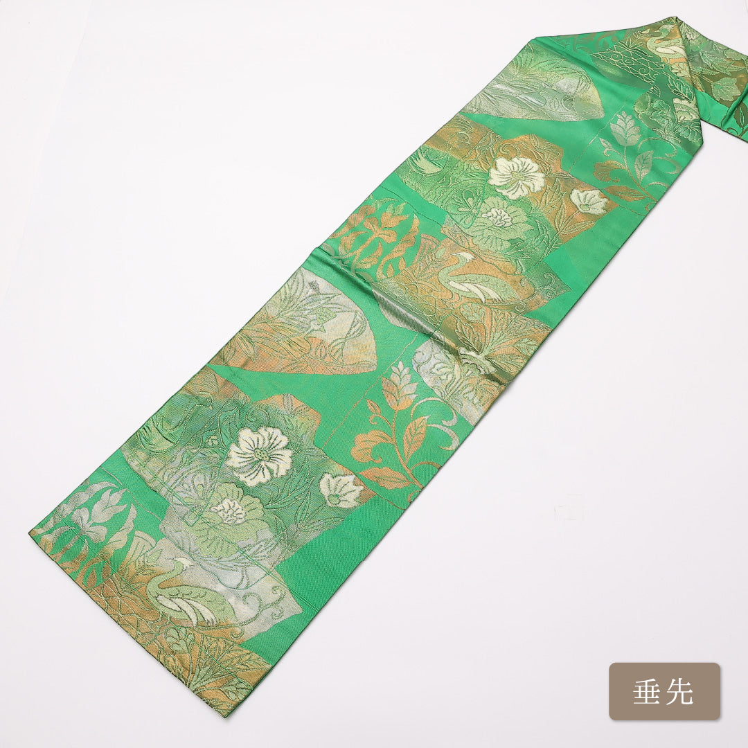 名古屋帯 帯丈366cm 六通 名古屋仕立て Aランク セミフォーマル レトロ 鳥 牡丹や芙蓉 正絹 緑系 1224-01147