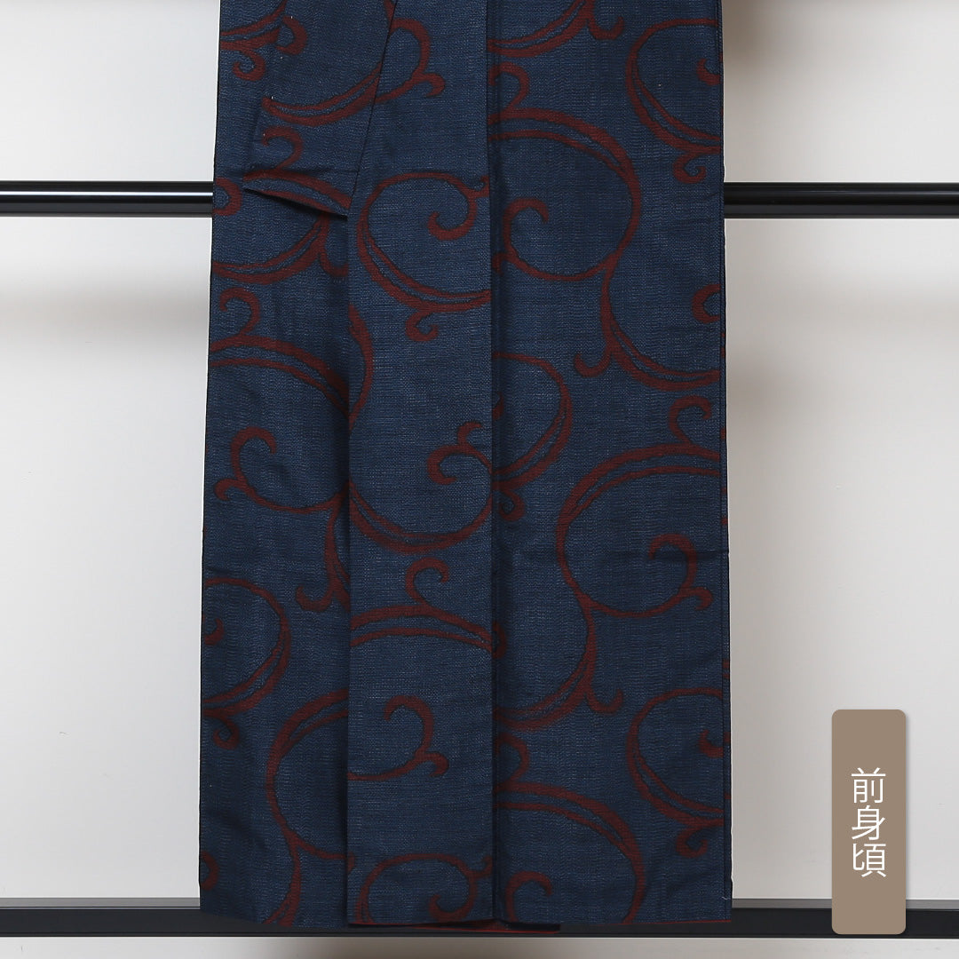 紬 袷 身丈152cm 裄63cm 正絹 紺系 Aランク 真綿紬 唐草 1216-00539-3218 1216-00539