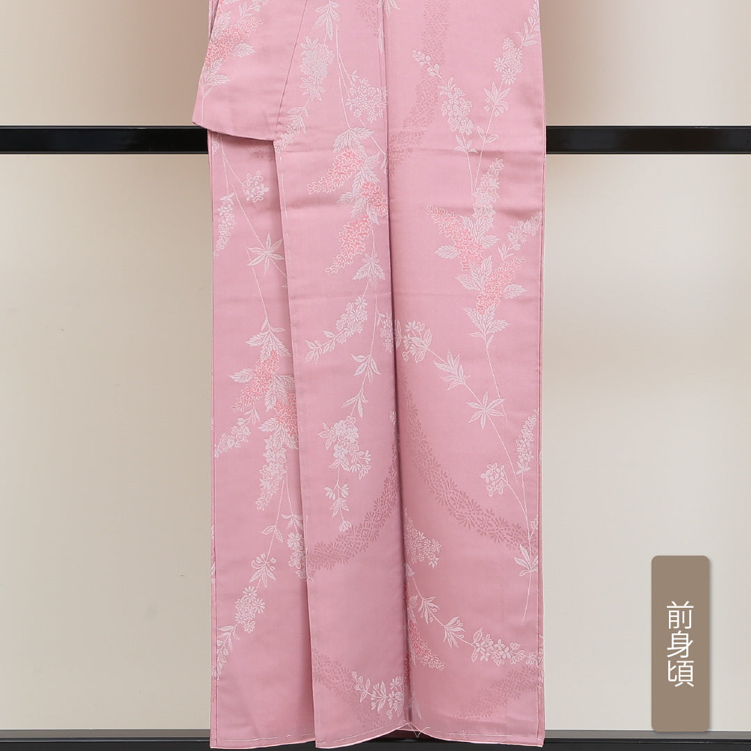洗える着物 小紋 袷 身丈151cm 裄丈63cm ポリエステル Sランク インフォーマル 広衿 Sサイズ 織り出し しつけ糸 花柄 植物柄 ピンク系 RP 1221-00966