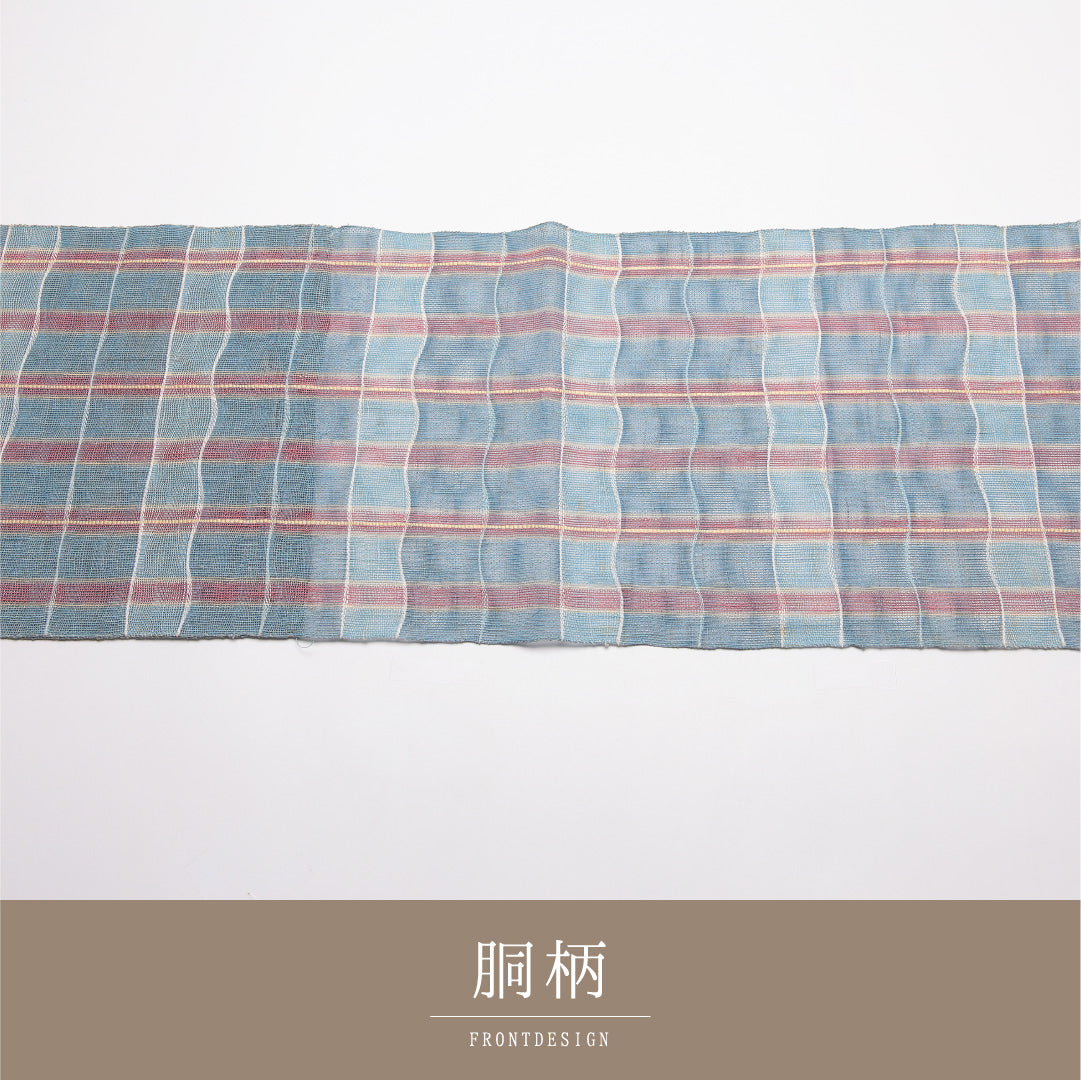 夏物 名古屋帯 帯丈358cm Cランク 松葉仕立て 全通 正絹 紗 格子 カジュアル 水色系 1224-01884