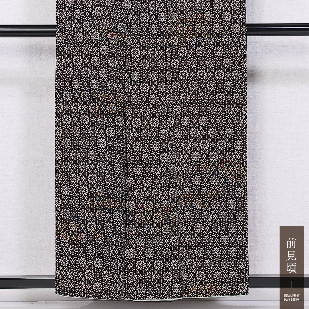 小紋 袷 身丈154cm 裄丈64cm 正絹 Aランク インフォーマル 広衿 Sサイズ 花柄 星 茶系 HP 1221-11066