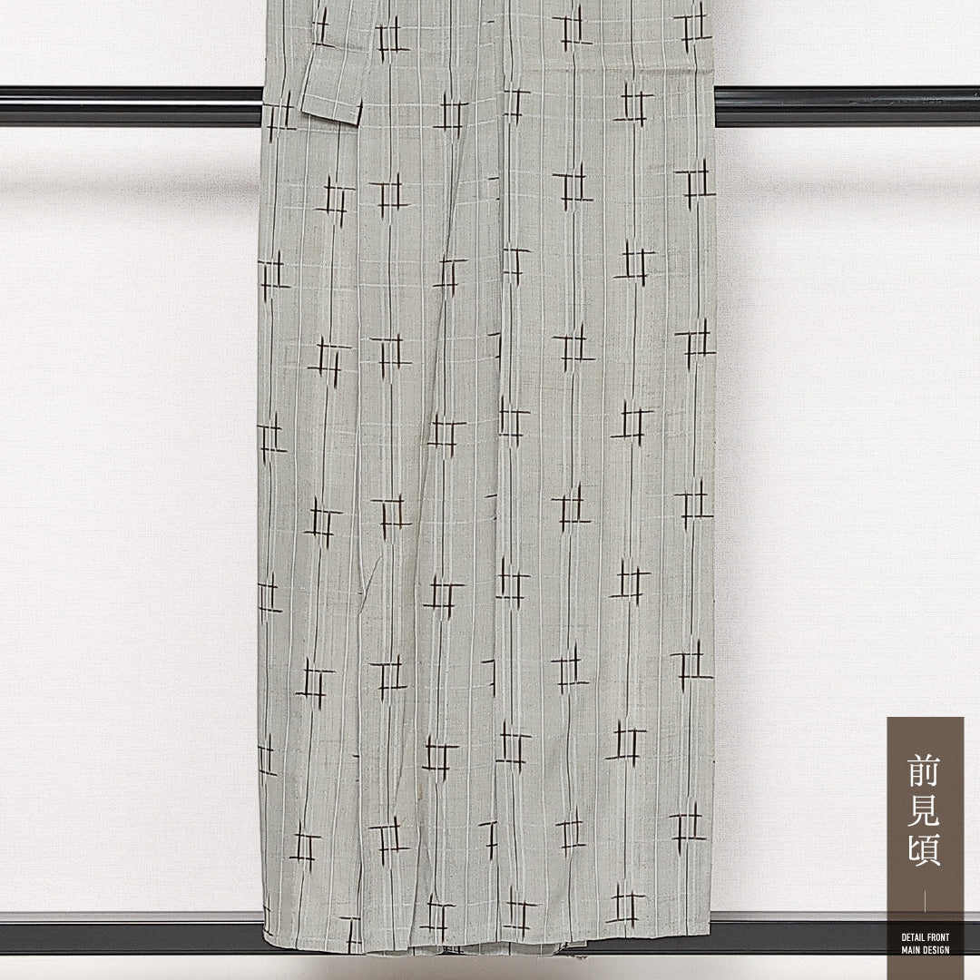 小千谷縮 夏物 洗える着物 身丈148cm 裄丈60cm Cランク 麻 バチ衿 XSサイズ カジュアル 井絣 素朴 落ち着き グレー系 緑系 1216-13647
