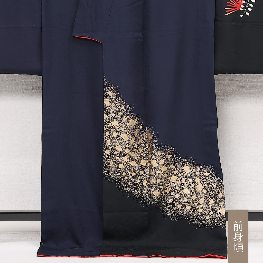 振袖 身丈177cm 裄丈64cm Sランク 正絹 袷 広衿 3XL 金彩 菊 松 フォーマル 華やか モダン 紺系 1213-F0570