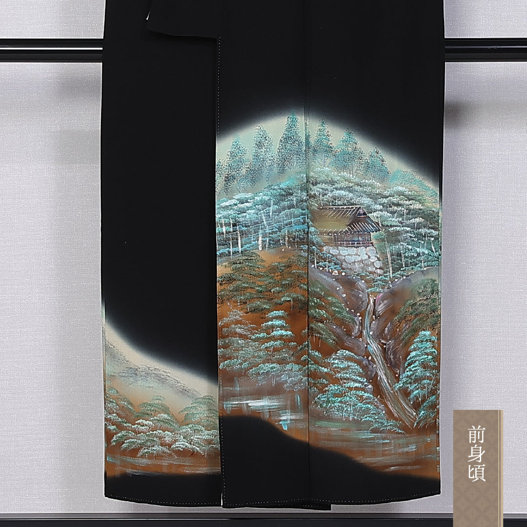 黒留袖 身丈147cm 裄丈61.5cm 袷 五つ紋 五三桐 正絹 Sランク 広衿 比翼仕立て 風景 手描き 1211-F0377