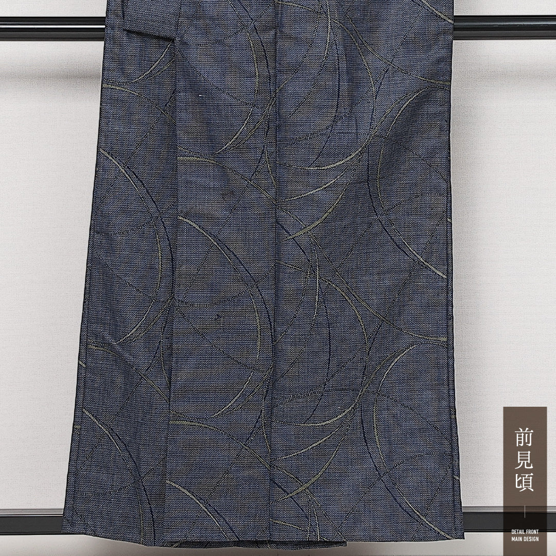 洗える着物 ウールの紬 単衣 身丈152cm 裄丈65cm ウール Aランク カジュアル Sサイズ 居敷当て 創作柄 紺系 HP 1223-13978