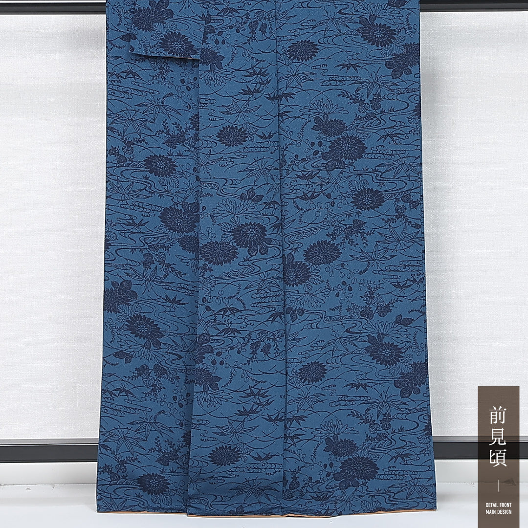 小紋 身丈162cm 裄丈65cm Bランク L 正絹 袷 広衿 クラシカル 藍型 流水 菊 紅葉 カジュアル 青系 1215-11968