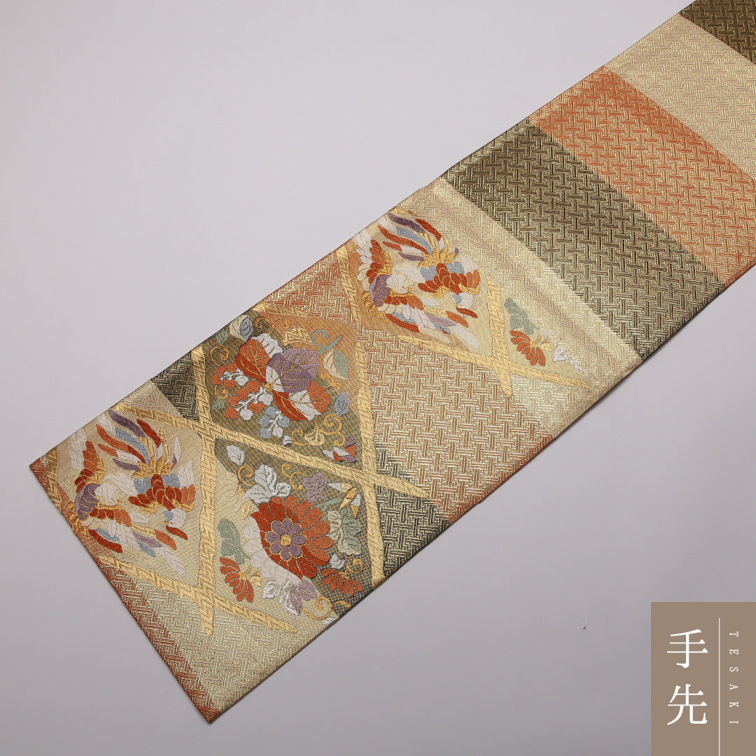 袋帯 帯丈436cm 正絹 六通 フォーマル 格天井 吉祥文様 クリーム系 1243-01398
