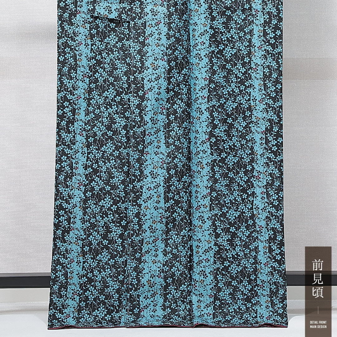 未使用品 洗える着物 小紋 袷 身丈165cm 裄丈67cm ポリエステル Nランク インフォーマル 広衿 XLサイズ しつけ糸 縞 桜 黒系 RP 1221-14914