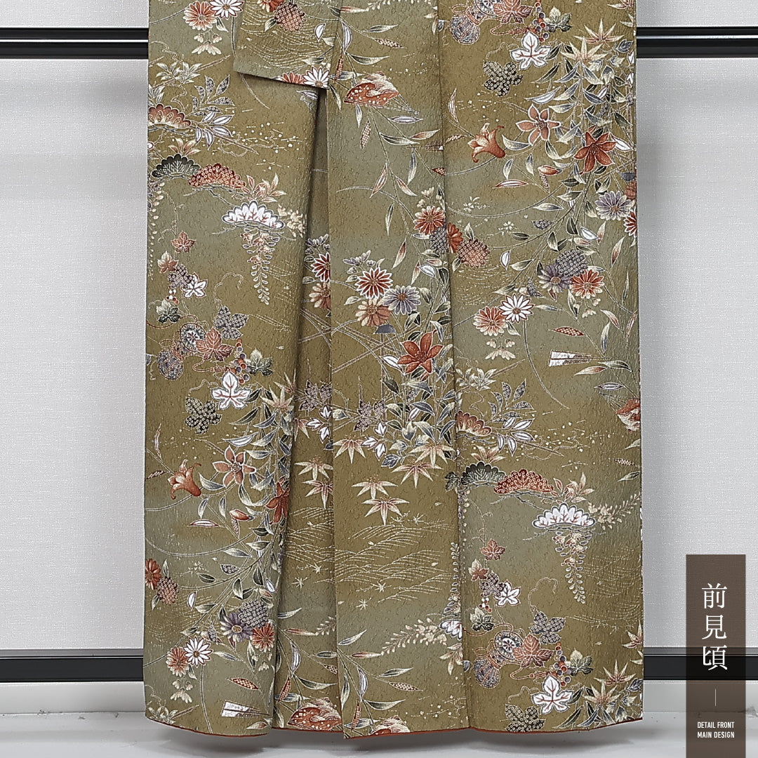小紋 袷 身丈159cm 裄丈64cm 正絹 Sランク インフォーマル 広衿 Mサイズ 型染め ぼかし染 鼓 花柄 吉祥文様 緑系 RP 1221-11980