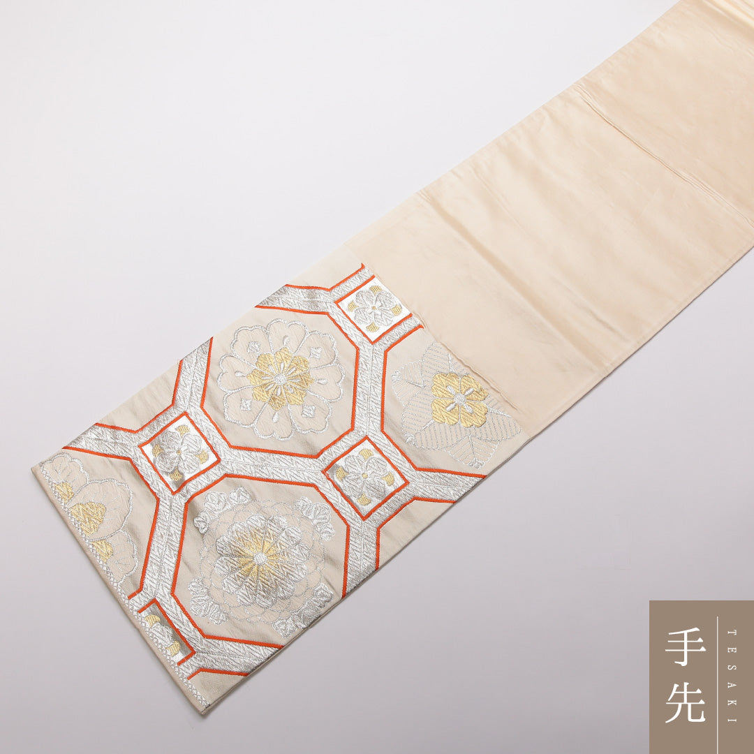 袋帯 帯丈410cm 正絹 六通 フォーマル 蜀江 吉祥文様 クリーム系 1243-01414