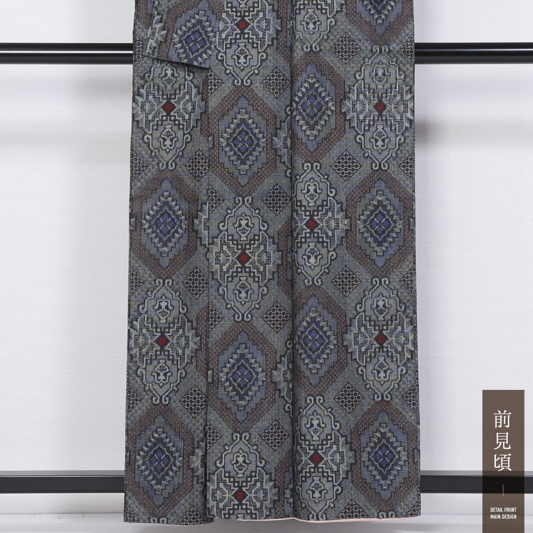 アンティーク 大島紬 袷 身丈156cm 裄丈62cm 正絹 Bランク 広衿 Mサイズ ペルシャ文様 華皿 グレー系 RP 1223-11398