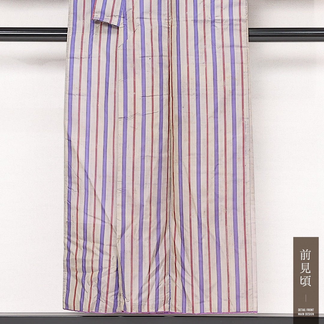 アンティーク 紬 袷 身丈150cm 裄丈62cm 正絹 Bランク バチ衿 Sサイズ 縞 銀系 RP 1223-13357