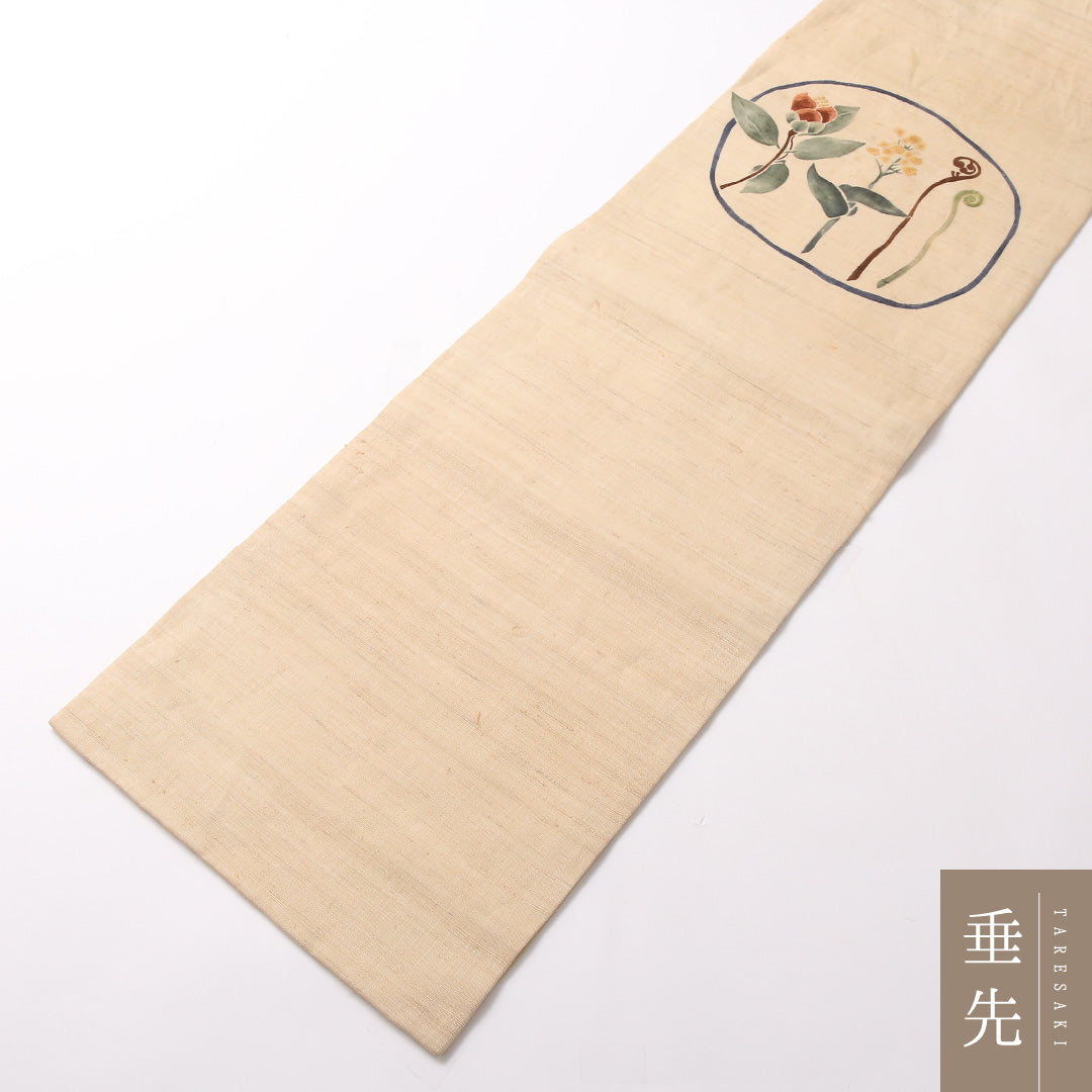 九寸名古屋帯 Cランク 帯丈363cm 正絹 ポイント柄 名古屋仕立て 染め カジュアル 紬 植物柄 ベージュ系 GP 1245-02991