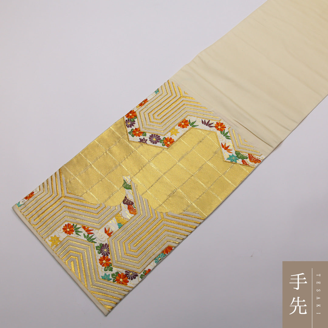 袋帯 帯丈432cm 正絹 六通 フォーマル 毘沙門亀甲 雲取り 龍田川 白系 黄系 1243-01360
