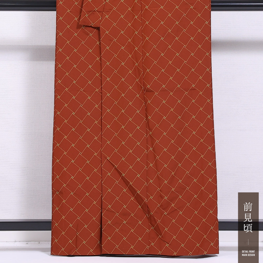 小紋 単衣 身丈160cm 裄丈65cm 正絹 Bランク インフォーマル 広衿 Lサイズ 菱 赤系 HP 1221-11758