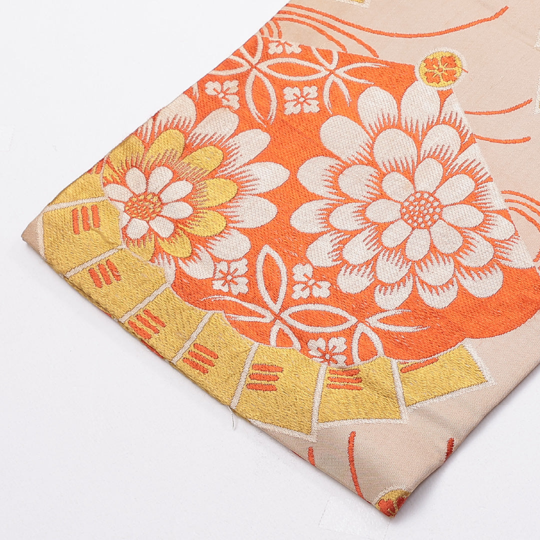 アンティーク 六寸帯 帯丈352cm 全通 小袋帯 七宝 菊 檜扇 正絹 クリーム系 Cランク 1225-000239