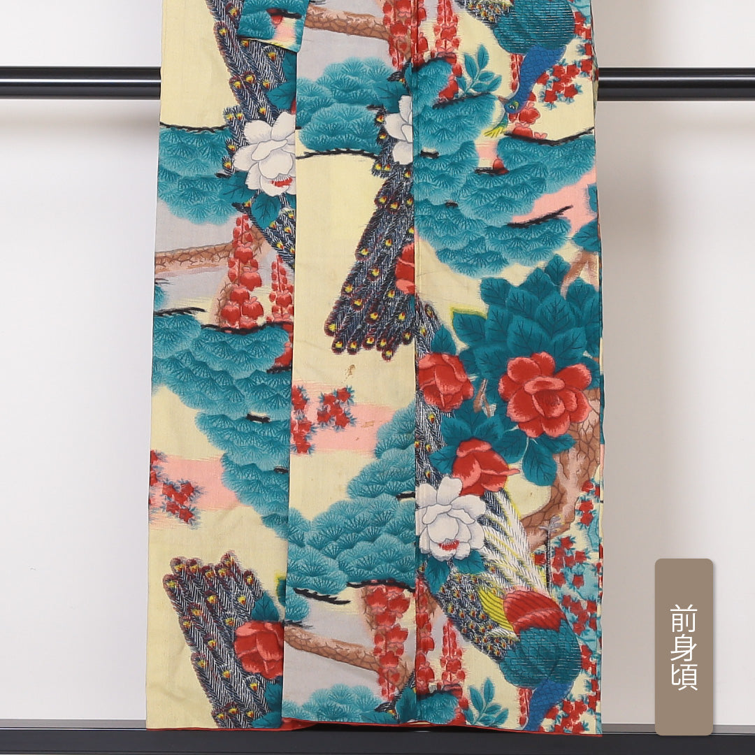 アンティーク お召 袷 身丈151cm 裄丈63cm 正絹 Cランク Sサイズ バチ衿 孔雀 牡丹 松 ベージュ系 1265-01882