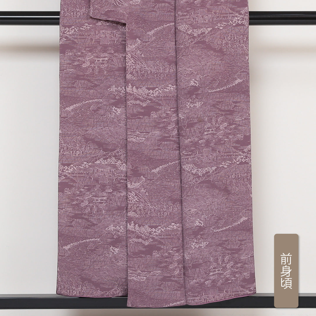 小紋 袷 身丈152cm 裄丈63cm 正絹 Aランク インフォーマル 広衿 Sサイズ 茶屋辻 紫系 HP 1221-01629