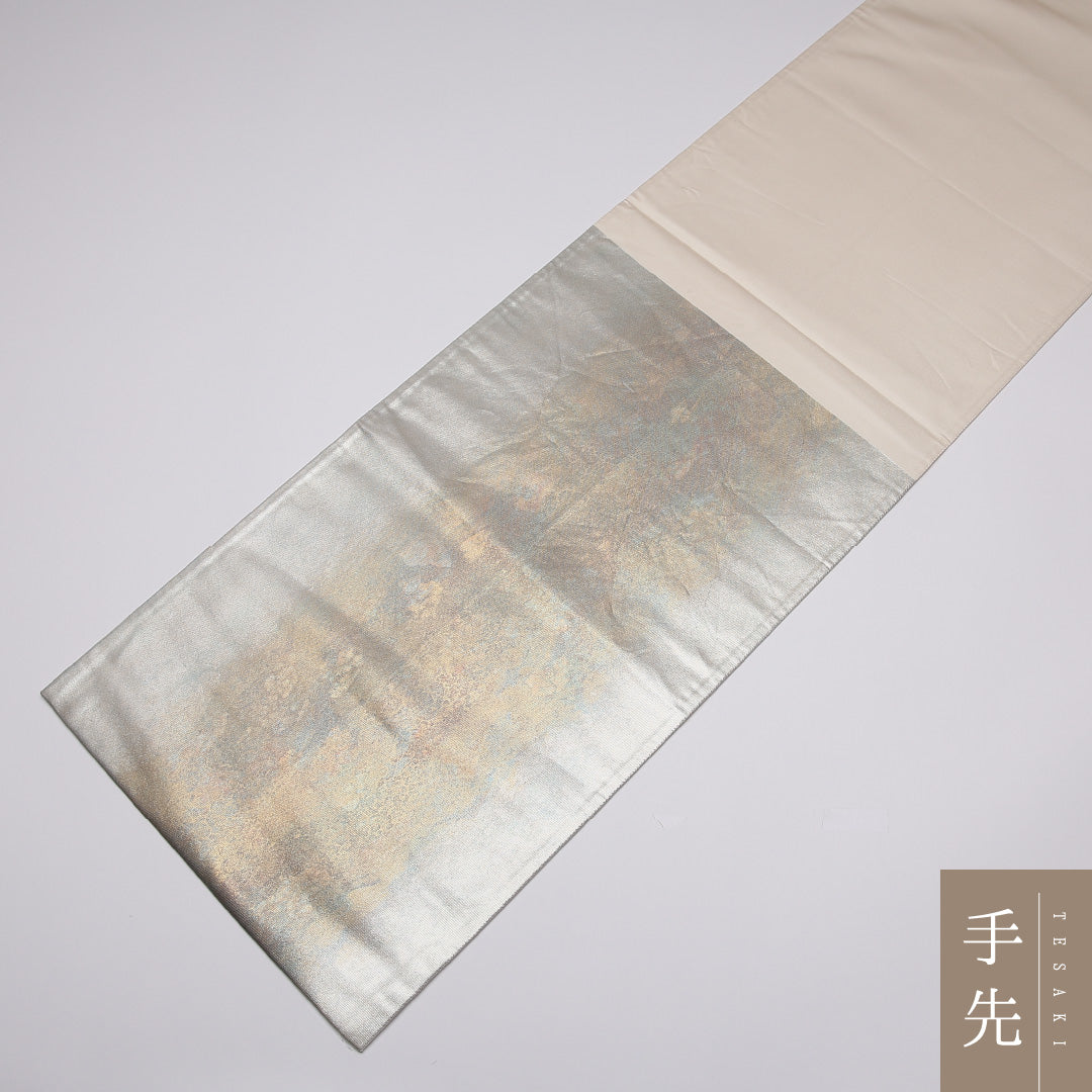 袋帯 帯丈438cm 正絹 六通 寿夫 セミフォーマル 菱つなぎ 落款 銀系 1243-01026
