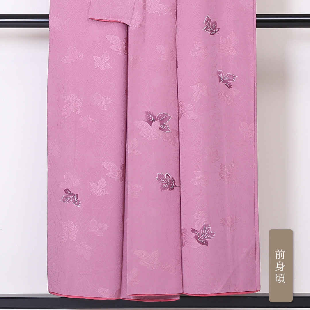 小紋 袷 身丈149cm 裄62cm ピンク系 葉模様 付下げ 正絹 Aランク 1215-01955-3113
