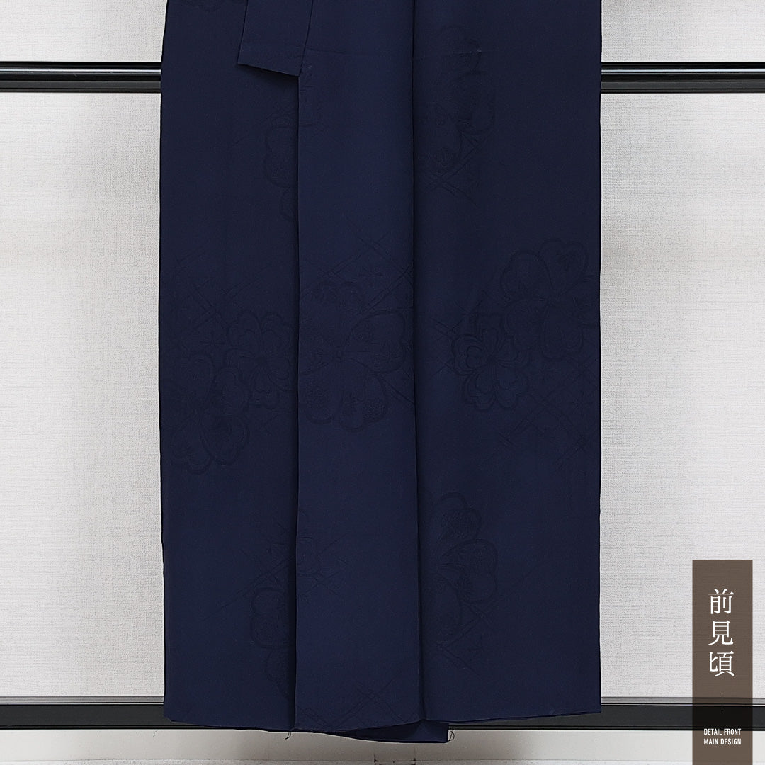 アンティーク 色無地 袷 身丈151cm 裄丈61cm Bランク 正絹 バチ衿 Sサイズ 地紋あり 紋意匠(花柄) シック 落ち着き 紺系 1214-14463