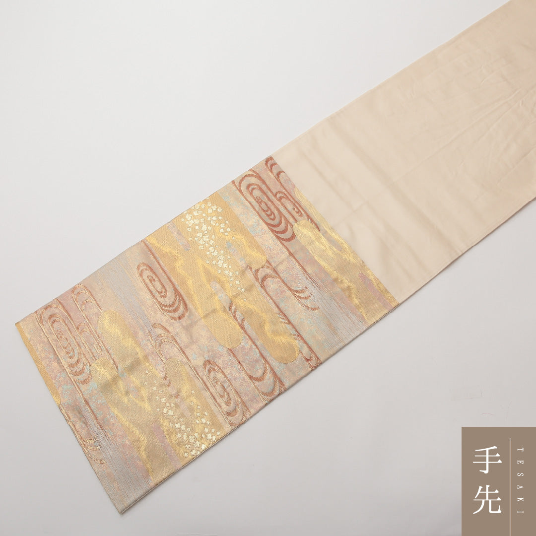 袋帯 六通 帯丈436cm フォーマル Sランク 正絹 引箔 エ霞 観世水 金系 1223-01477