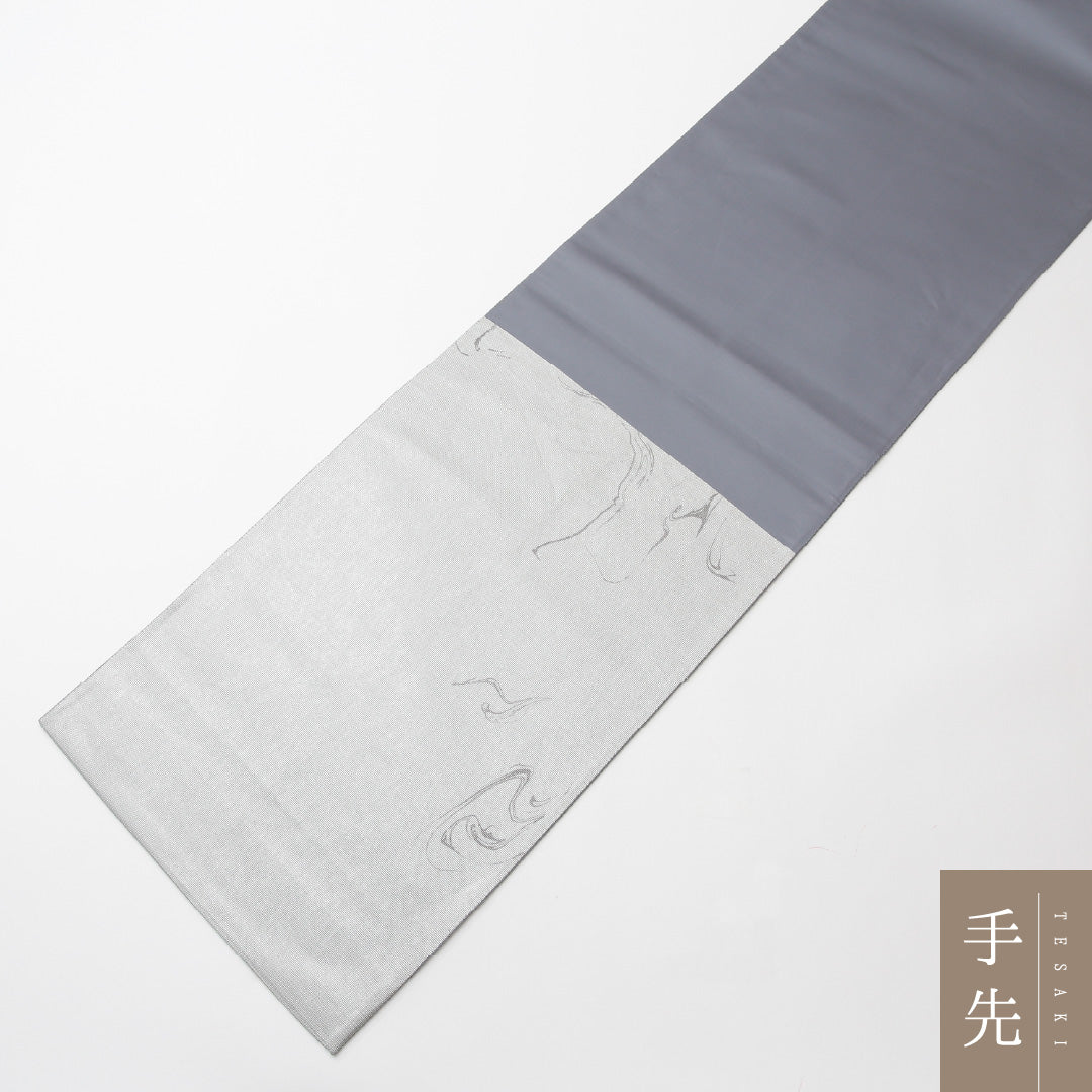 袋帯 帯丈444cm セミフォーマル 六通 Sランク 正絹 螺鈿織 遠山 金彩 グレー系 銀系 1223-00152