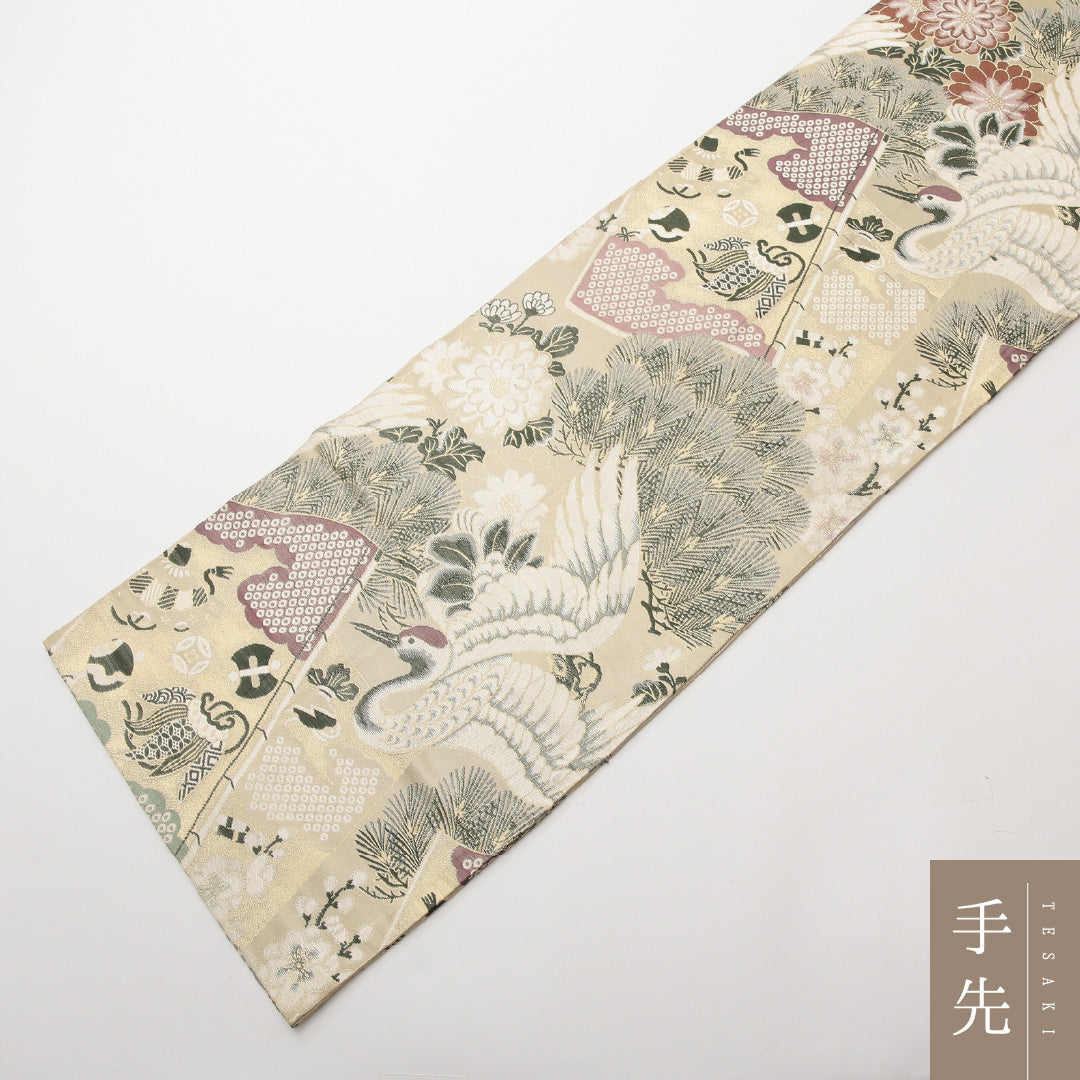 アンティーク 丸帯 帯丈400cm 正絹 全通 松鶴 ベージュ系 1242-01473