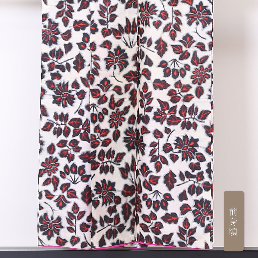 アンティーク 銘仙の着物 袷 身丈150cm 裄丈62cm 正絹 Cランク バチ衿 Sサイズ 花柄 蔦 白系 PO 1223-03312