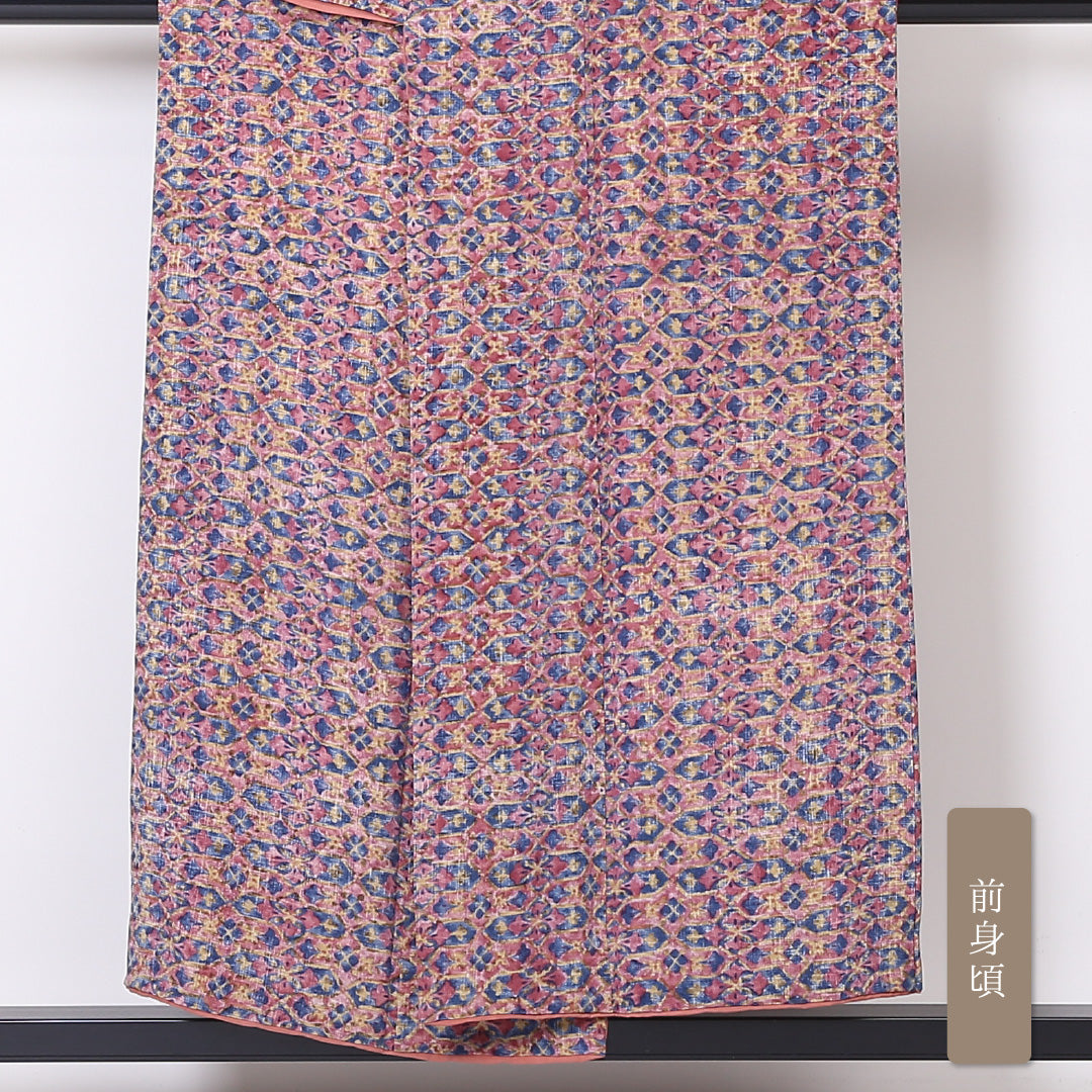 小紋 袷 身丈149cm 裄丈62cm 正絹 Sランク インフォーマル 広衿 XSサイズ 花菱 ピンク系 RP 1221-01943