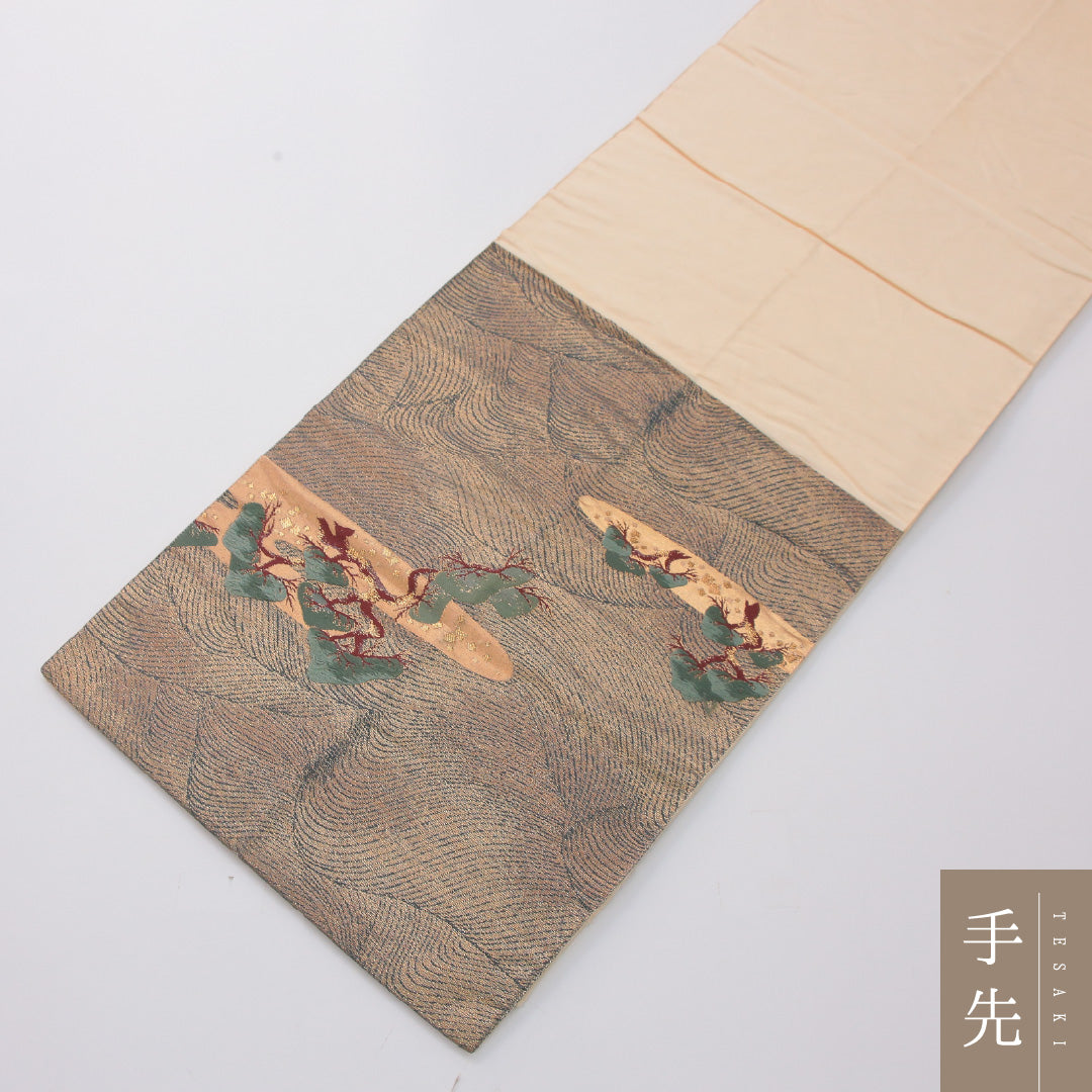 袋帯 帯丈420cm 正絹 全通 帯芯なし リバーシブル フォーマル 浜松 鶴 ベージュ系 1243-02323