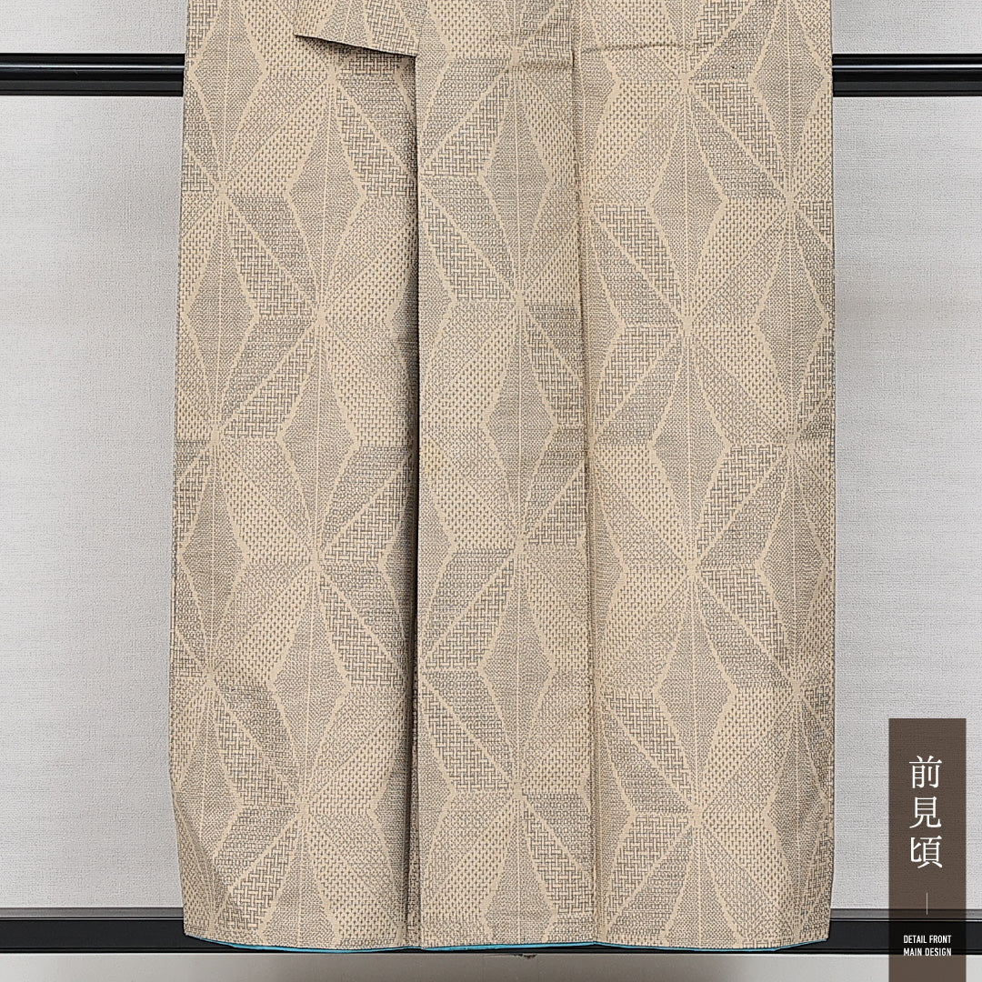 塩沢紬 袷 身丈153cm 裄丈63cm 正絹 Cランク カジュアル 広衿 Sサイズ 麻の葉 クリーム系 LP 1223-14437