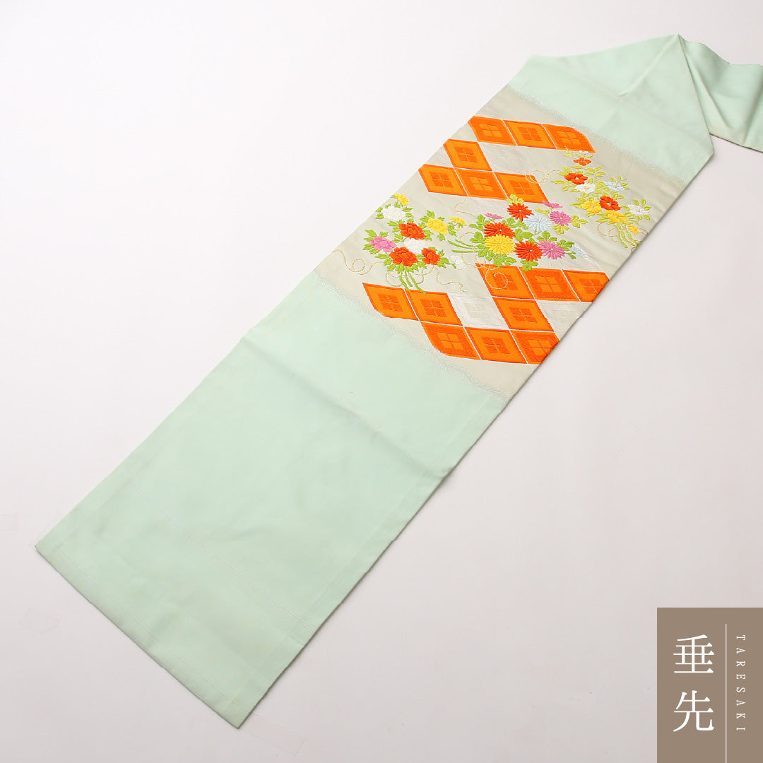 名古屋帯 ポイント柄 帯丈354cm セミフォーマル Cランク 正絹 武田菱 菊 緑系 1224-02439
