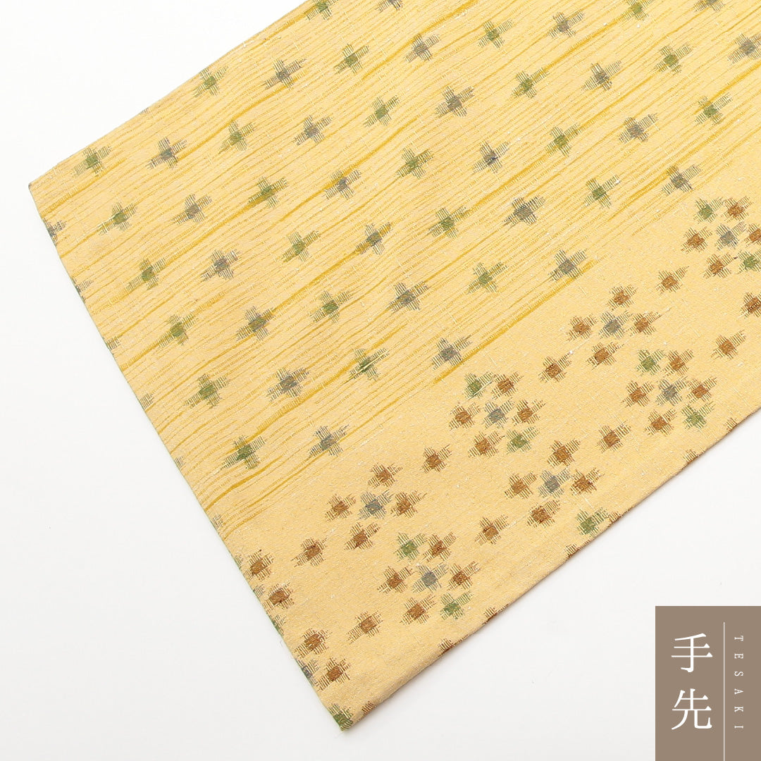 袋帯 紬地 全通 帯丈430cm カジュアル Sランク 正絹 十字絣 黄系 1223-01464