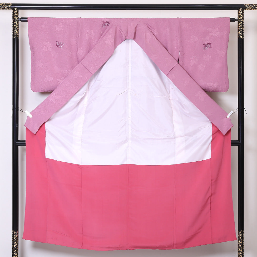 小紋 袷 身丈149cm 裄62cm ピンク系 葉模様 付下げ 正絹 Aランク 1215-01955-3113
