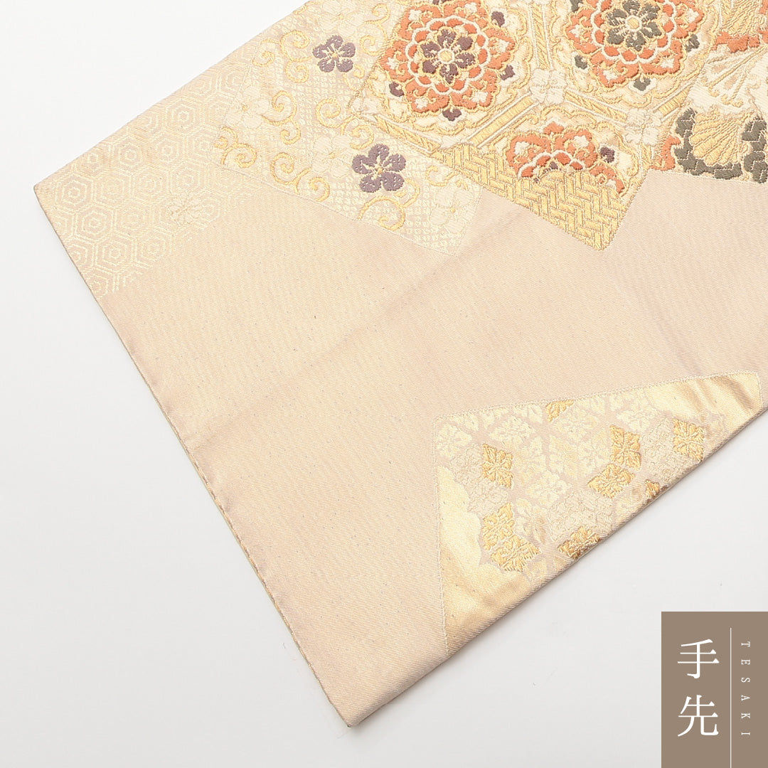本金二重箔 袋帯 全通 帯丈422cm フォーマル Aランク 正絹 金箔 色紙 宝相華 吉祥文様 ベージュ系 1223-01470