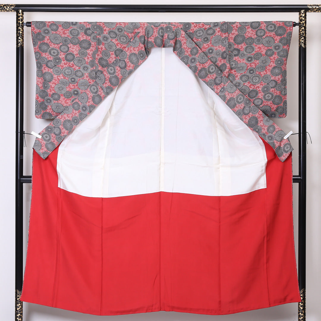 小紋 袷 身丈150cm 裄丈64cm 正絹 Aランク インフォーマル 広衿 Sサイズ 琳派 唐草華文 菊 赤系 RP 1221-01961
