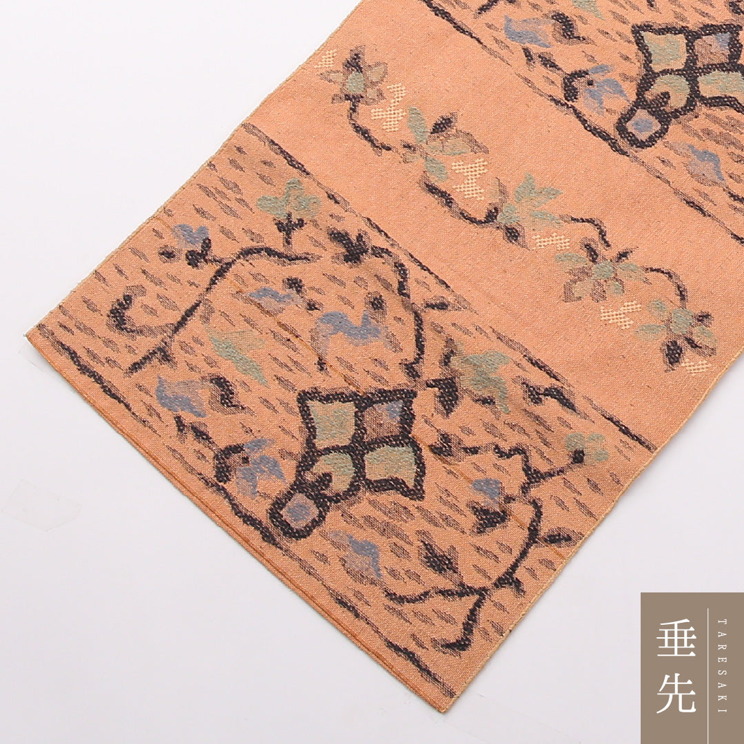 八寸名古屋帯 Sランク 帯丈327cm 正絹 六通 名古屋仕立て 帯芯なし 織り カジュアル 紬 唐草華文 ピンク系 LP 1245-02354