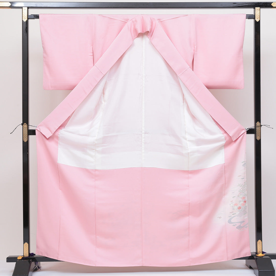 色留袖 一つ紋 五三桐 身丈163cm 裄丈66cm Sランク 正絹 袷 広衿 L 茶屋辻 セミフォーマル ピンク系 1211-F0124