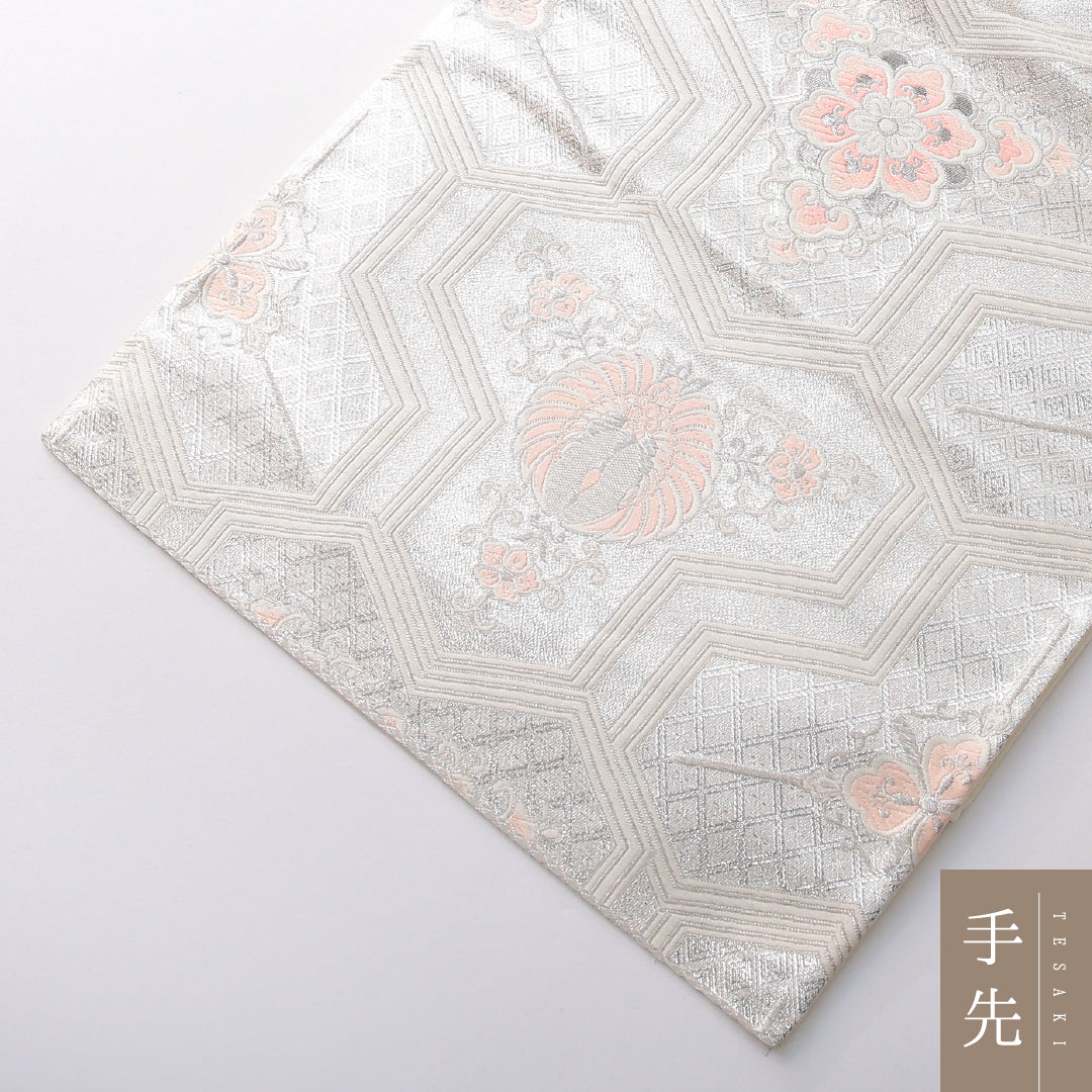 袋帯 帯丈424cm フォーマル 六通 帯芯なし Cランク 正絹 鳳凰 毘沙門亀甲 クリーム系 銀系 1223-02164