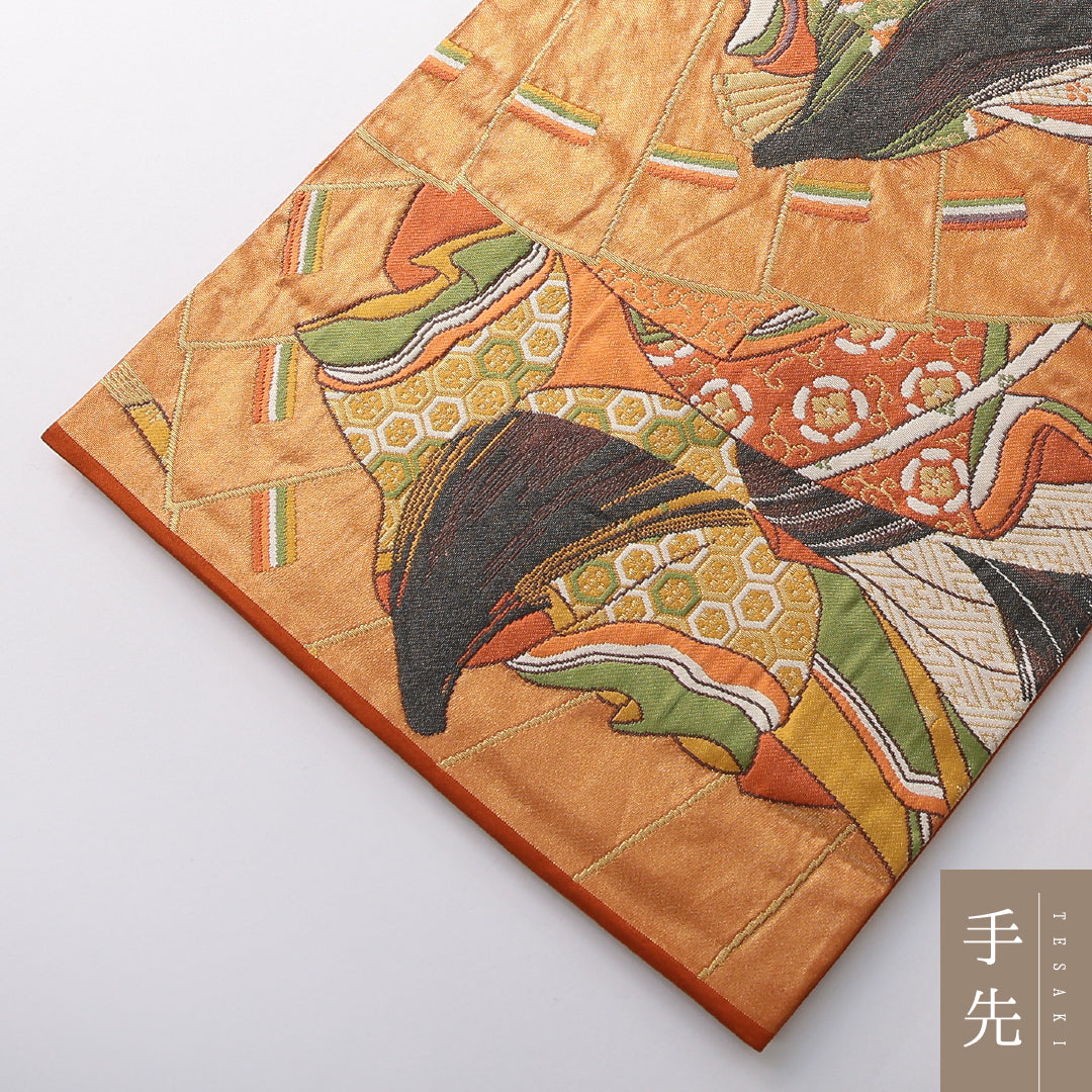 袋帯 帯丈444cm フォーマル 六通 Aランク 正絹 平安絵巻 朱系 1223-02155